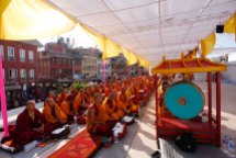Buddhist monks perform ritual prayers during the consecration ceremony of the Boudha Stupa in the capital 18 November 2016. The stupa, which has sustained damage to its upper portion in the earthquake in 2015, will formally re-open on 22 November after reconstruction is completed. PHOTO/SANJOG MANANDHAR